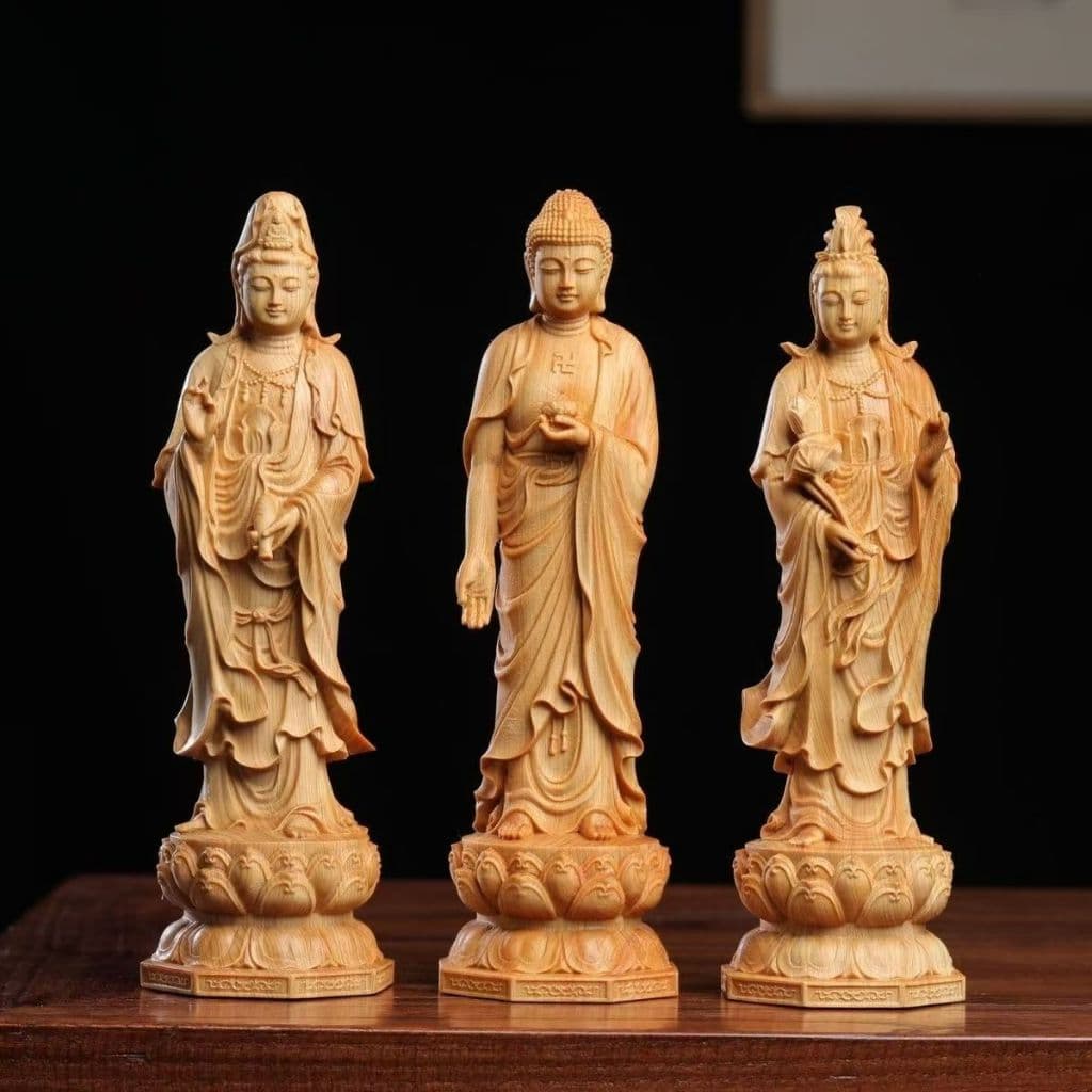 Estátua de Buda Ornamentos de madeira maciça Decoração de mesa interna Guanyin Bodhisattva