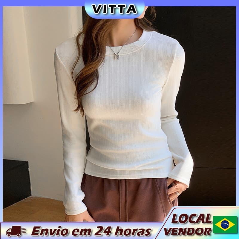 VITTA lã de ovelha em torno do pescoço de malha camisa de fundo feminina outono inverno rosqueado interior fino ajuste l