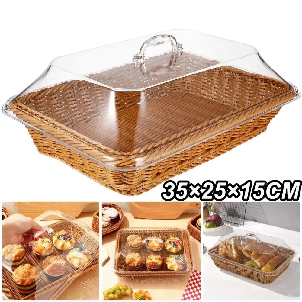 Cesta De Pão De Vime Tecida à Mão Com Tampa Cesta De Armazenamento De Drenagem De Frutas 35 * 25 * 15CM