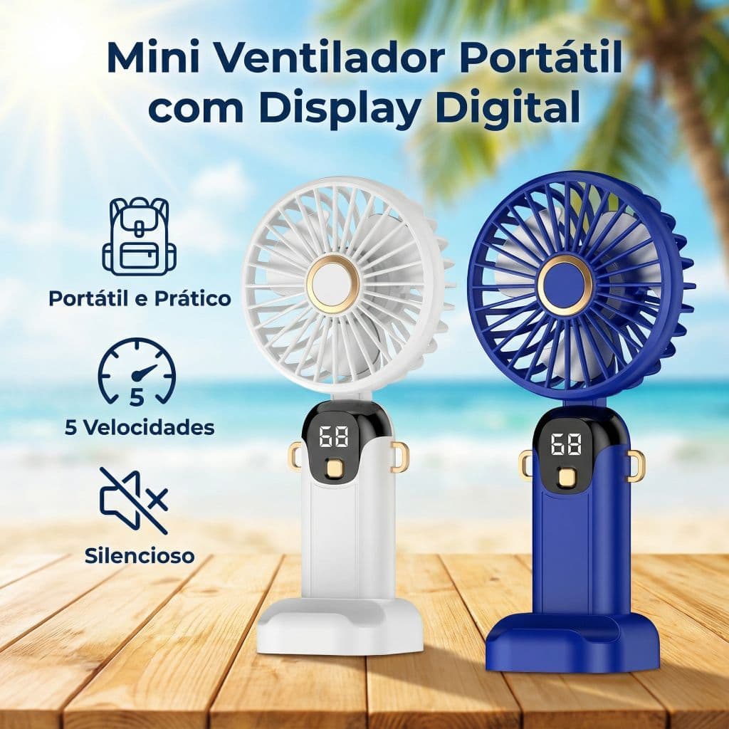 Mini Ventilador Portátil De Pescoço Com Display Digital , 5 Velocidades Silenciosas , De Resfriamento Recarregável Multi