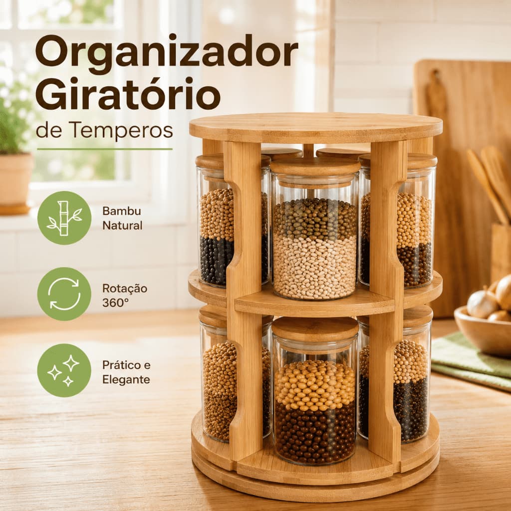 Porta Temperos Condimento Giratório 10 Potes Vidro Tampa Bambu Hermético 250ML Suporte Organizador