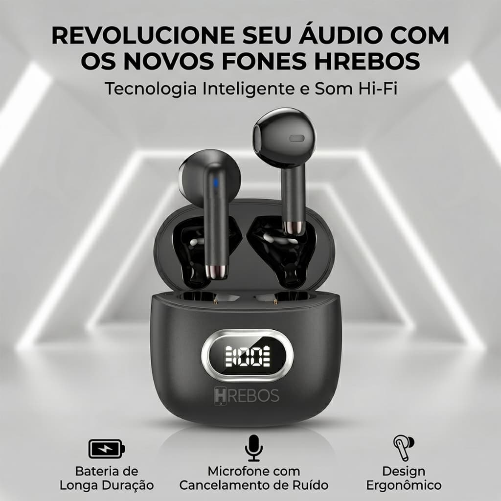 HREBOS x HEYOO Fone TWS Semi-In-Ear confortável para uso prolongado com Cancelamento de Ruído Ativo