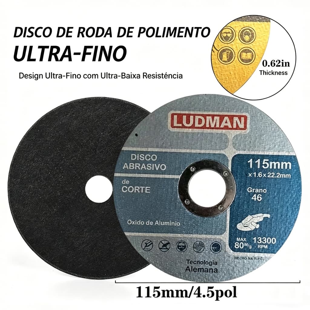 Disco de Corte 115mm 4.5" Ludman para Esmerilhadeira Pacote com 2 Unidades 115x1,6x22,2mm Profissional