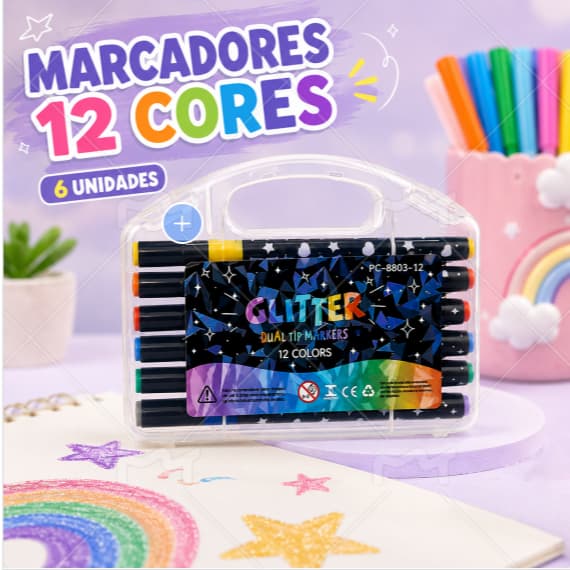 Marcadores Acrílicos Metálicos Com Brilho De Ponta Dupla 12 Cores 6 Canetas