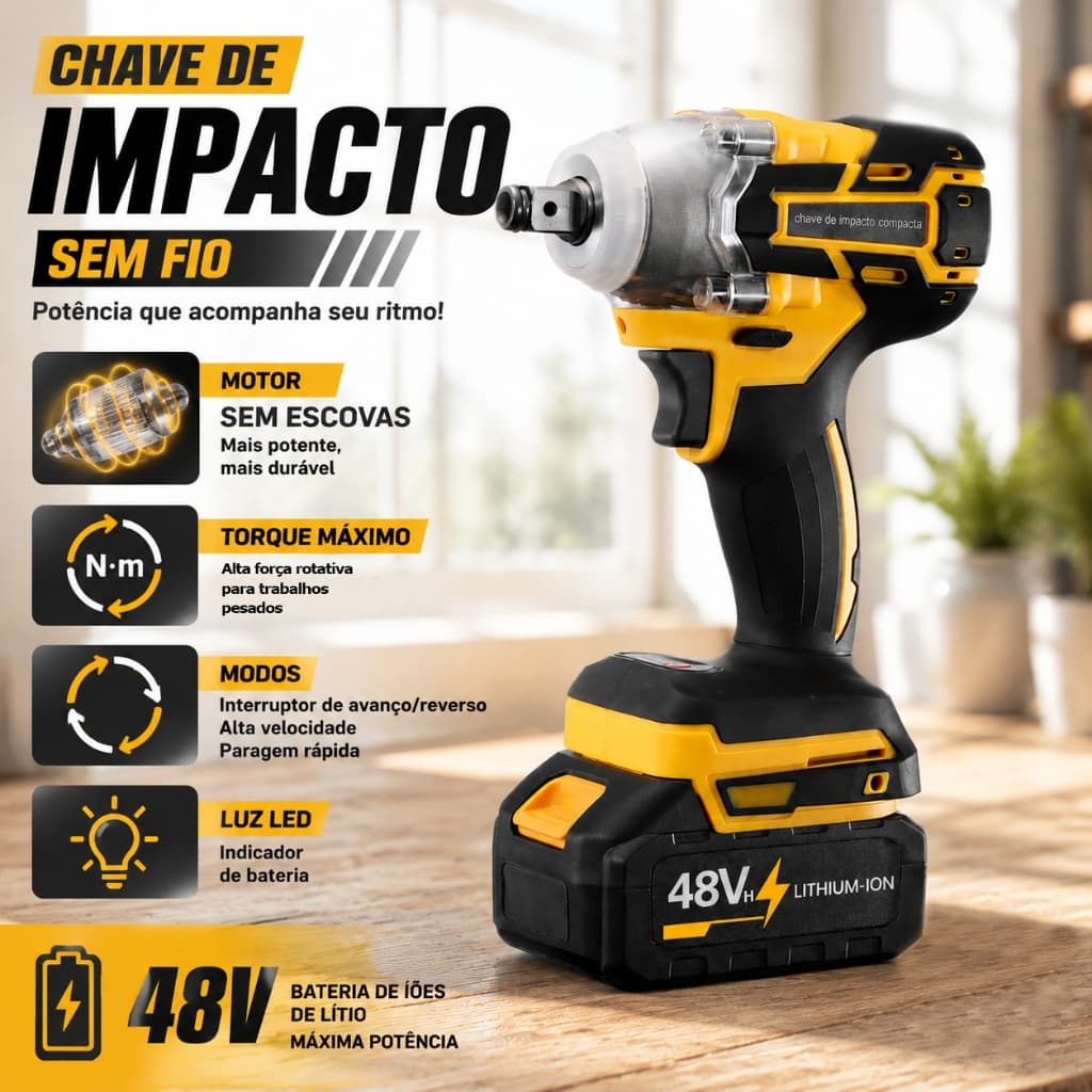 Chave De Impacto Sem Escova-Fio Profissional Com Bateria De 48 V , Soquetes E Bits Para Reparo