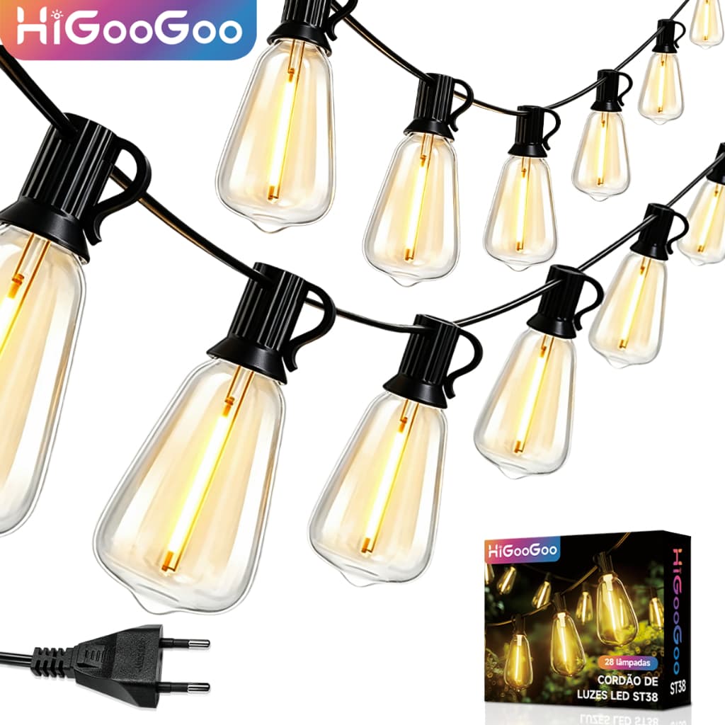 HiGooGoo Luz de Natal Cordão Com 28/55 Leds luzes Amarelo Quente 20/36M Com Macho/Fêmea Com Lâmpada Decorativas Jardim