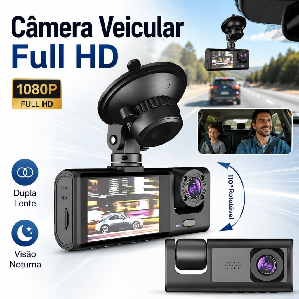 DVR Veicular Dupla Lente Full HD 1080p Frontal e Interna, Tela LCD Integrada, Visão Noturna Automotivo