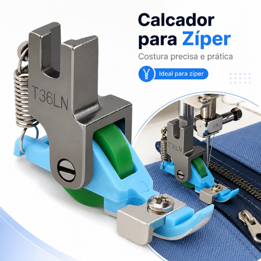 Calcador para Zíper Invisível Ajustável com Roda Lisa Industrial para Máquina de Costura Acessório de Costura