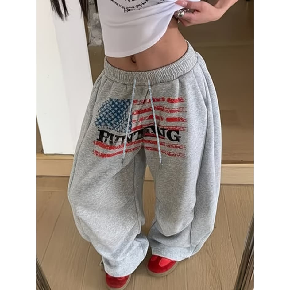 Calça De Moletom Casual Com Estampa De Bandeira De Ajuste Solto E Gráfico De Letras