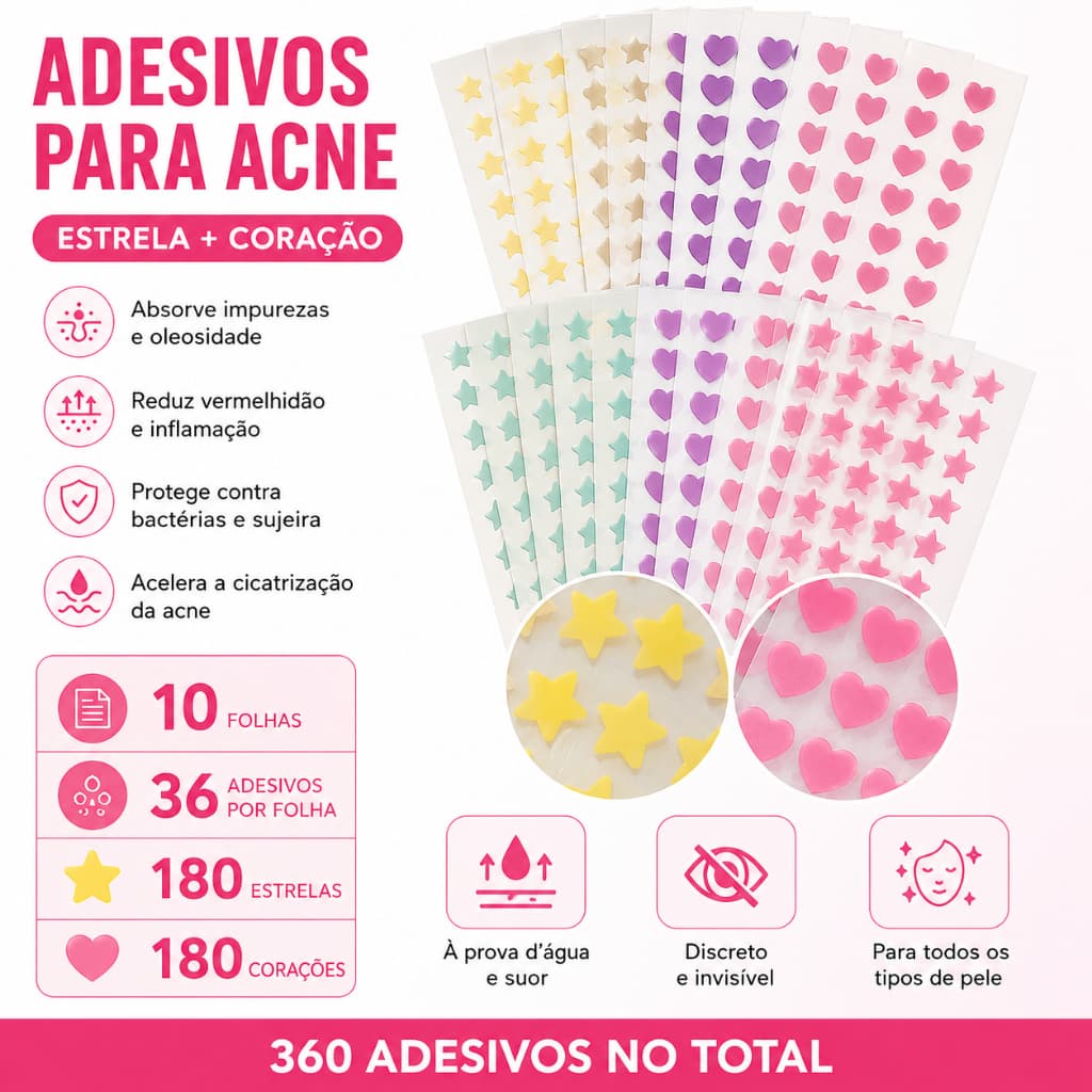 360 Adesivos Hidrocolóides Para Acne Em Formato De Estrela E Coração , Espinhas