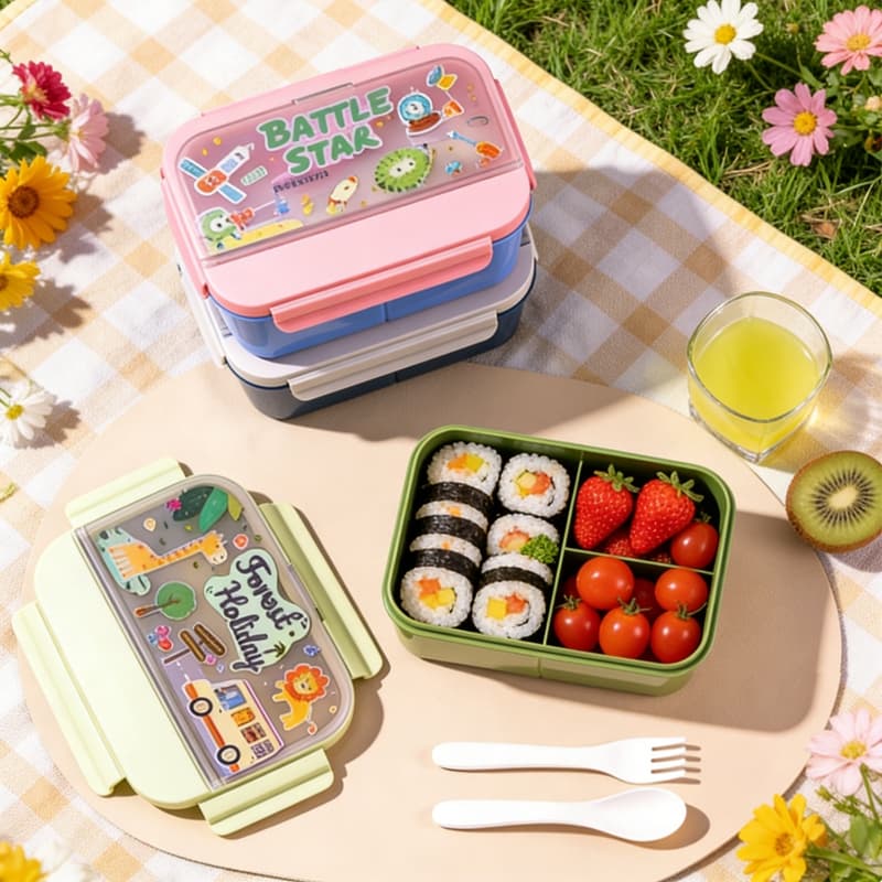 Kit Lancheira Infantil 3 em 1 1200ml em Plástico com Divisórias para Almoço e Escola