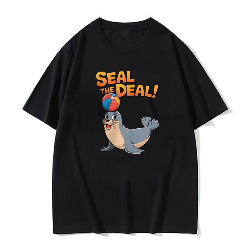 Engraçado Dos Desenhos Animados Selo O Negócio De Circo Com Bola Impressão Preto Camiseta Masculina Oversized Manga Curt