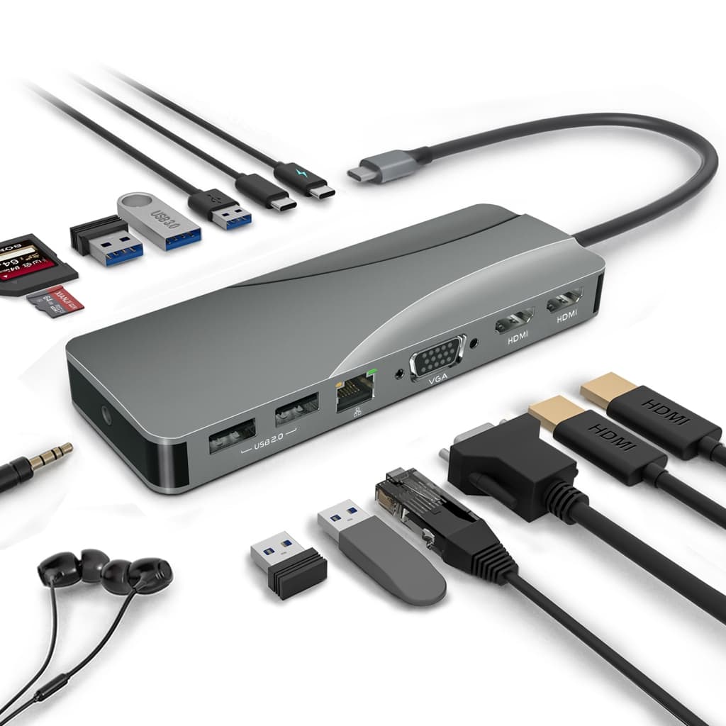 Hub USB C , Estação De Acoplamento Tipo Display Triplo 14 Em 1 Com 2 HDMI , VGA , PD Gigabit Ethernet , Leitor De Cartão