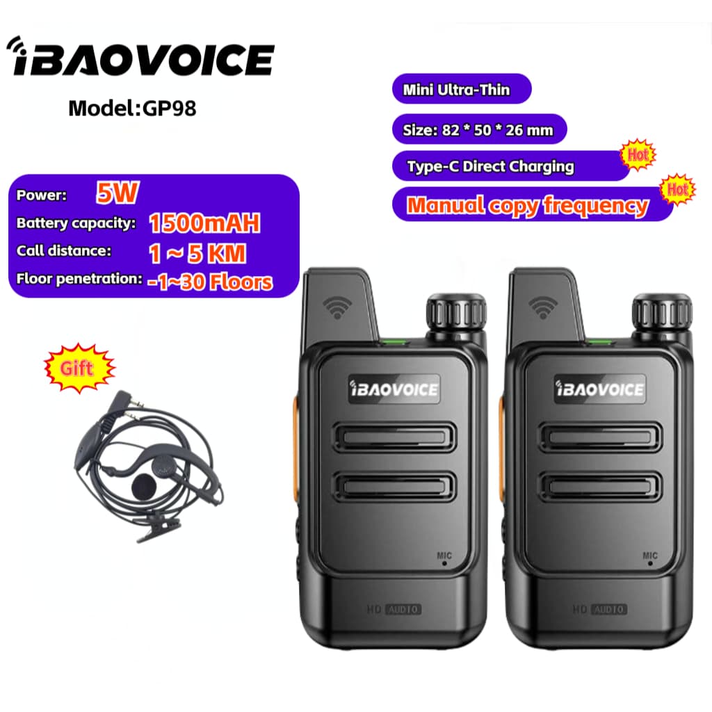 iBAOVOICE Mini Walkie Talkie GP98 Frequência De Cópia UHF , Fone De Ouvido Para Presente , 1/2 Unidades