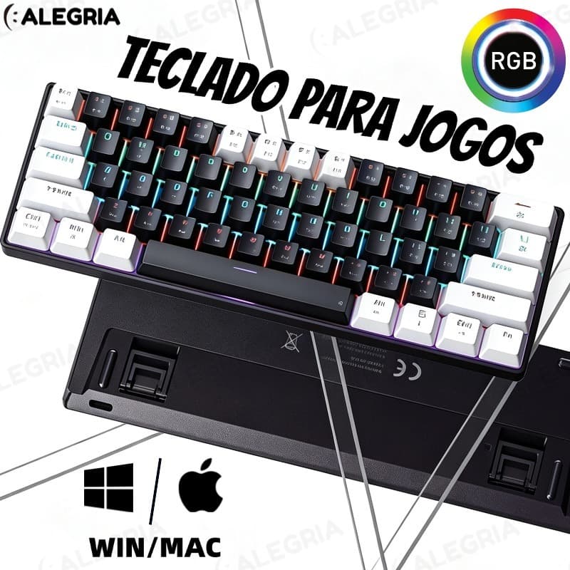 Teclado para jogos com fio 61-Key RGB Backlight Mini Compact USB-C Cabo de alimentação plugável-ALE