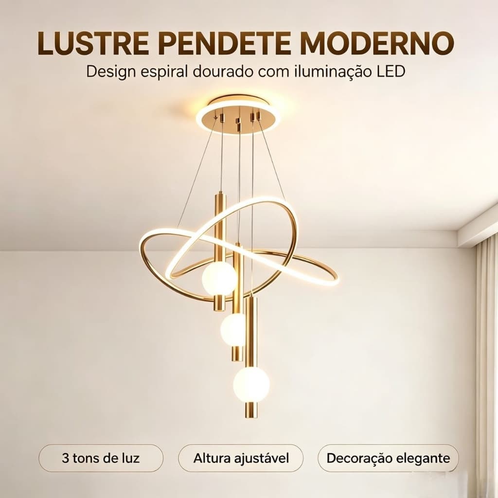 andeeiro Suspenso Cabo Regulável Fonte LED Três Cores Decoração Minimalista Casa
