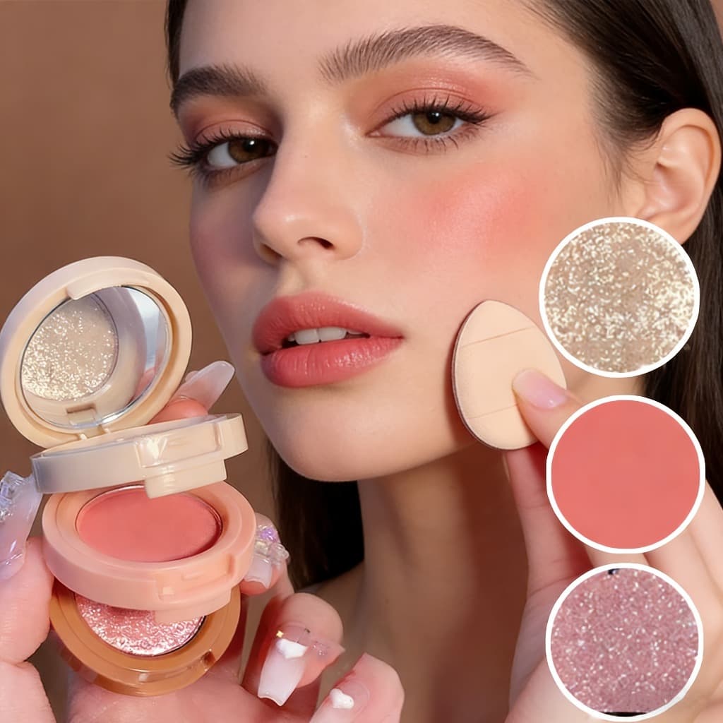 Blush E Puff De 3 Cores , Efeitos De Maquiagem Perolados Foscos , Podem Ser Usados Como , Sombra Iluminador , Adequados