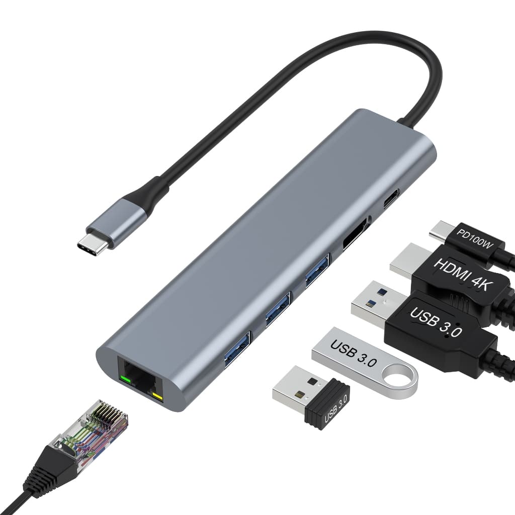 Hub USB C HDMI 4K , Estação De Acoplamento 6 Em 1 , 3 Portas 3.0 , Adaptador Ethernet Tipo Para MacBook/Laptop/Superfíci