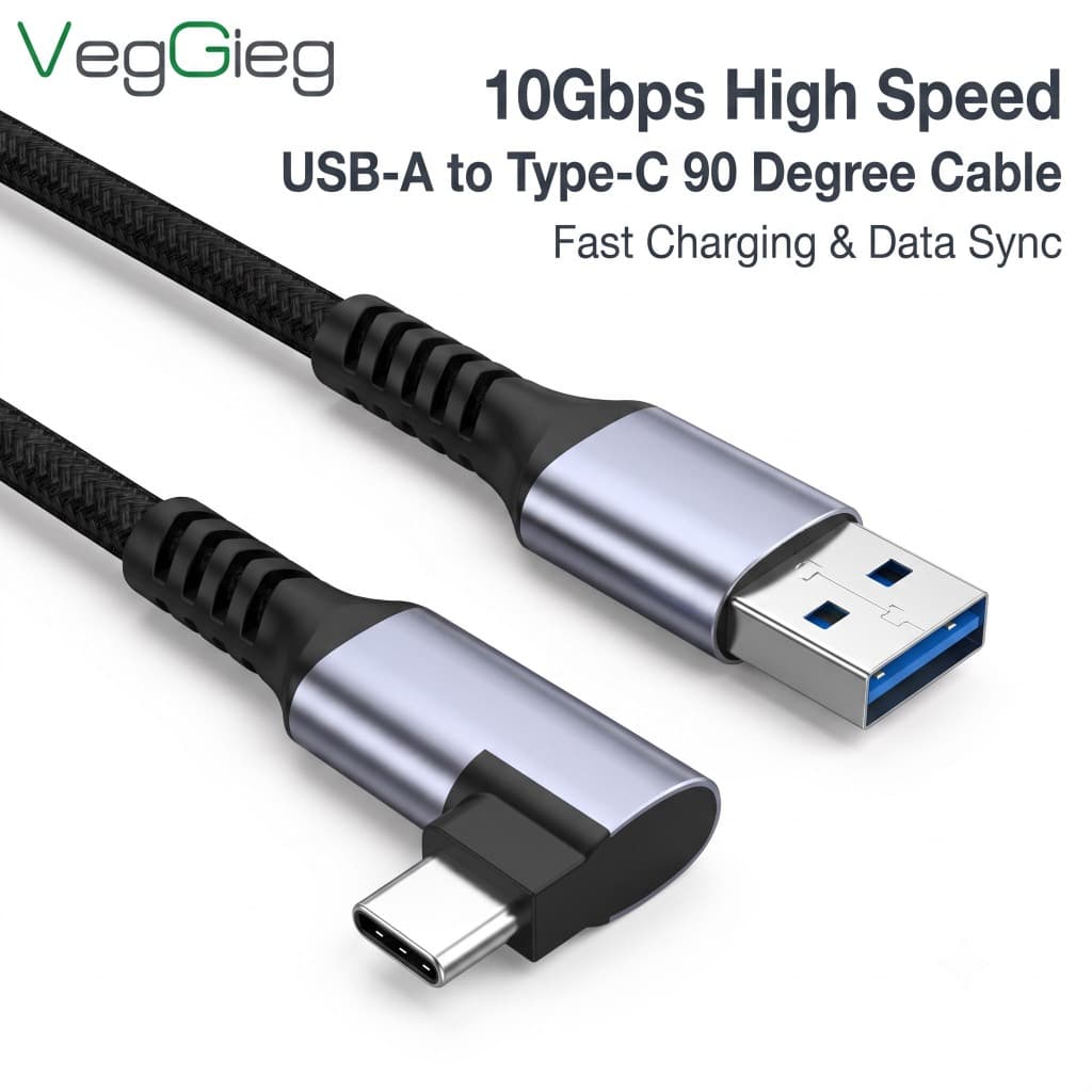 VegGieg Cabo de dados tipo C de transmissão de alta velocidade de 10 Gbps Cotovelo de ângulo reto Cabo de carregamento r