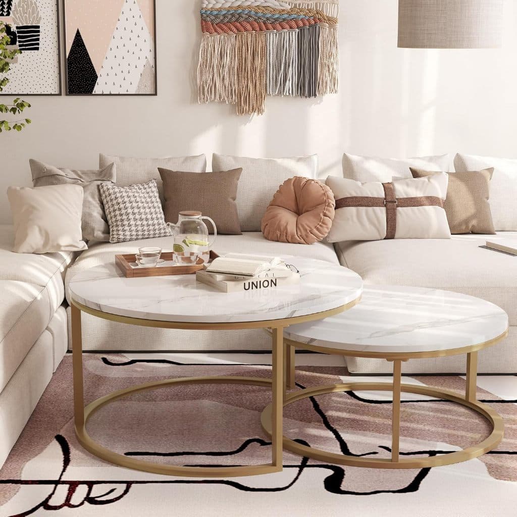 Conjunto 2 Mesas 70x50cm Tampo MDF com Acabamento Mármore - Mesa Centro e Lateral para Sala e Escritório