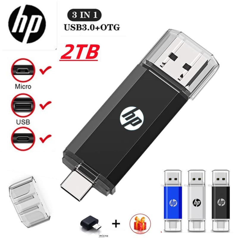 Unidade U HP Tipo-C De 2TB 3 Em 1 OTG USB De Alta Velocidade 1TB 512GB 256GB 128GB 64GB Vara De Armazenamento Livre Micr