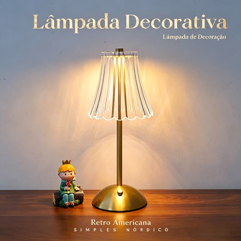 Luminária de Mesa LED Cristal 3 Tons Recarregável, Abajur Candeeiro Cabeceira Decoração Sala Quarto