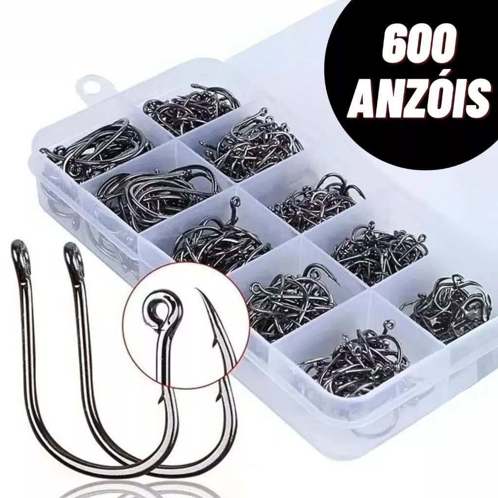 Kit Pesca: 600 Anzóis Chinu nos Tamanhos 3 ao 12 com Estojo de Armazenamento