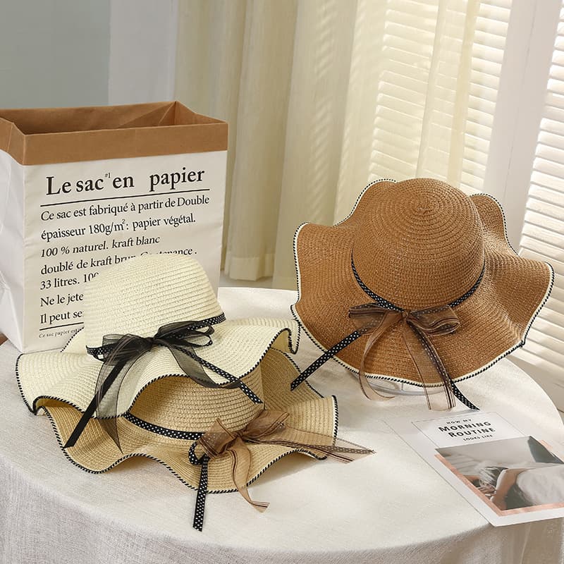 Chapéu De Palha De Aba Larga Feminino Verão Praia Fita Arco Proteção Solar