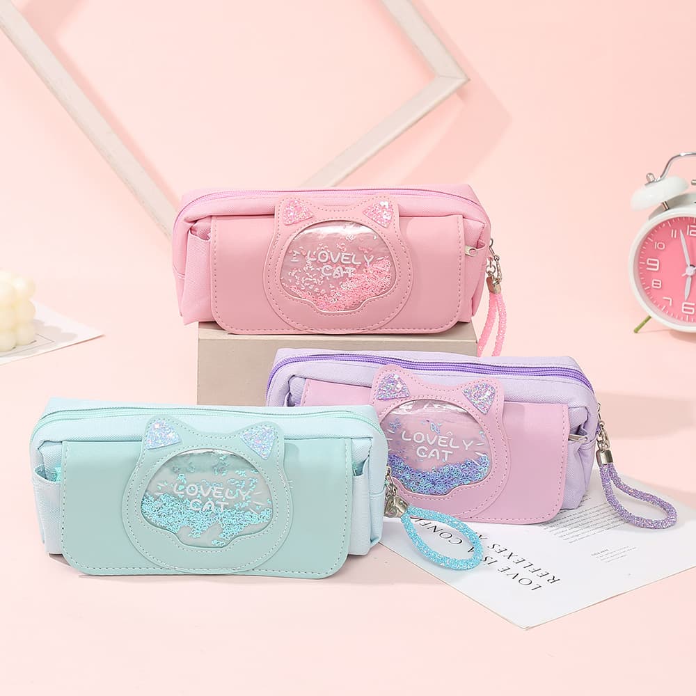 Estojo De Lápis De Gato De 3 Camadas De Grande Capacidade Bolsa De Papelaria Com Areia Movediça E Glitter Fofa Alça Para