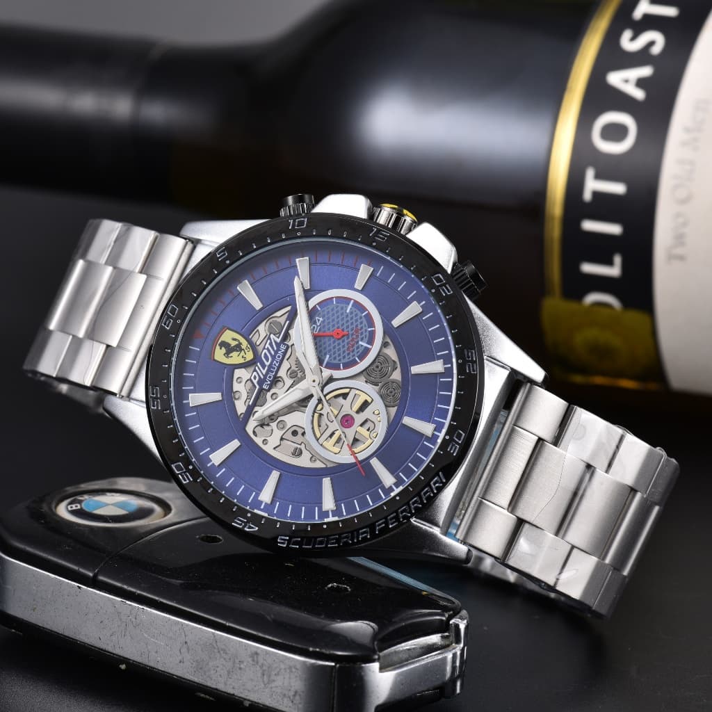 Ferrari Racing Car Hollow Cronógrafo de três olhos Relógio de pulso masculino com pulseira de aço sólido Disco de anel d