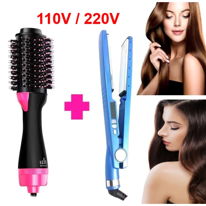 Escova Rotativa para Cabelo Secador e Chapinha 2 em 1 110V/220V + Cabelo-Plancha