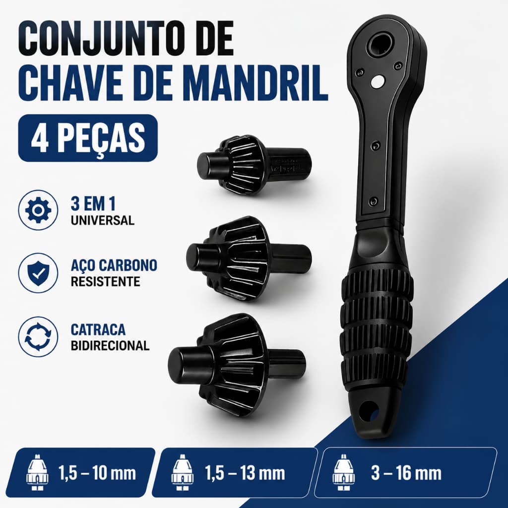Conjunto de 4 chaves de mandril de ferro para furadeira