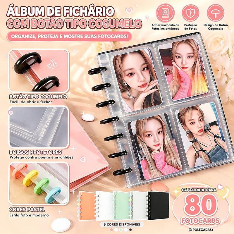 Álbum de Botões de Cogumelos com 80 Bolsos – 3 Polegadas | Para Fotos e Cartões | Proteção Anti-risco