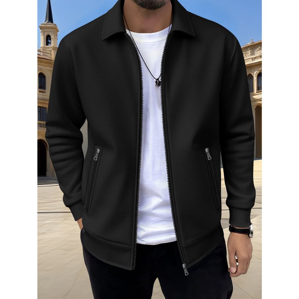 Jaqueta masculina Waffle de malha com lapela e zíper completo, cor sólida, sem impressão, Design, bolso com zíper latera