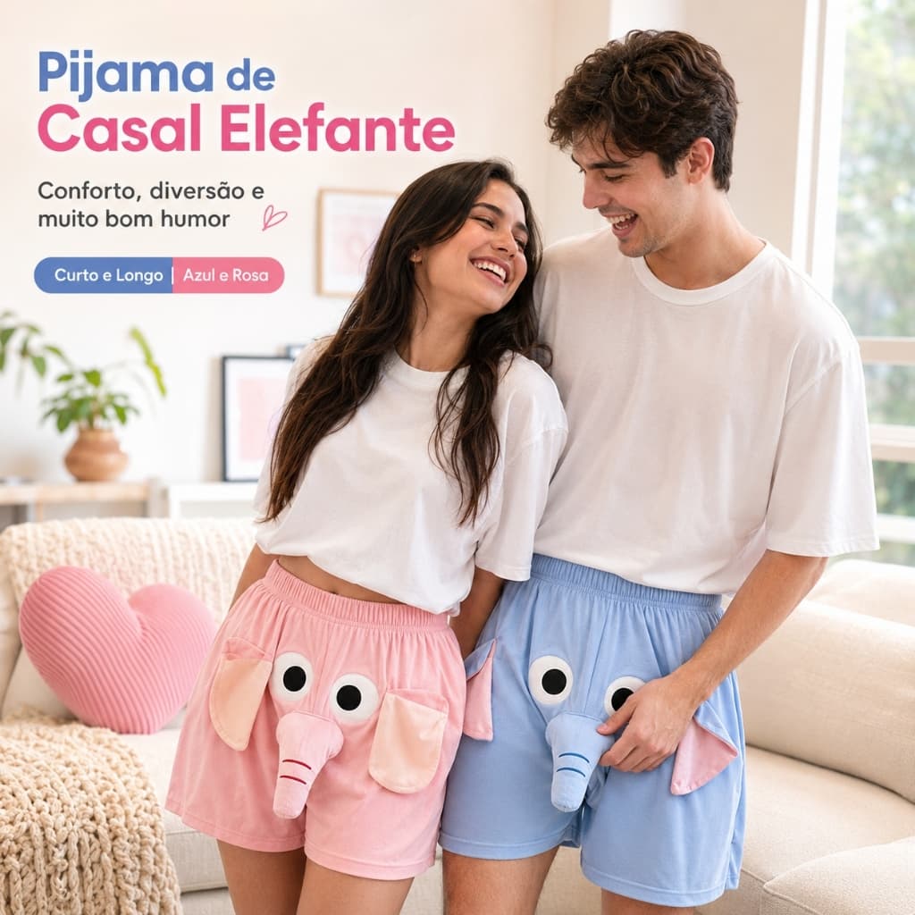 Shorts Elefante Fofo Pijama Casal Inverno Pelucia Presente Criativo Namorados Tendencia Engracado