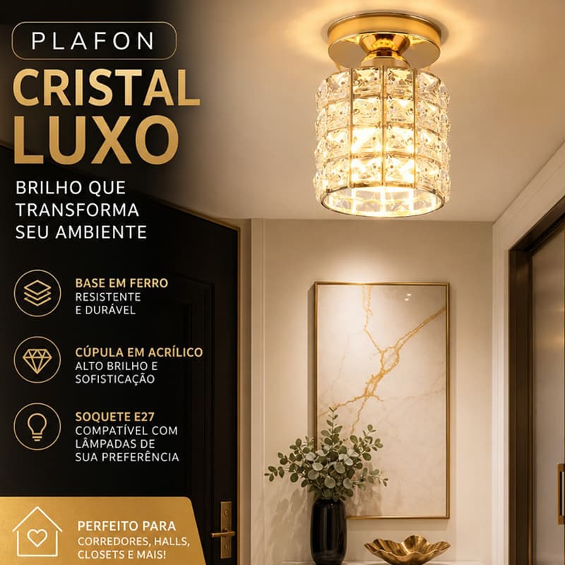 Luminária de teto de cristal de luxo discreto com base em ferro forjado E27 para corredor e hall de entrada