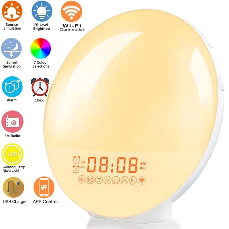 Despertador Wake Up Light Com Simulação De Nascer Do Sol/Pôr Alarmes Duplos Rádio FM Nightlight 7 Cores Sons Naturais Sn