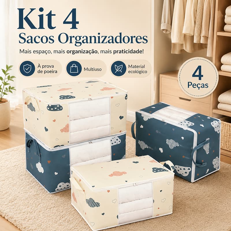 Kit 4 unidades Caixa Saco Organizador Casaco Cobertor Ecológico Anti-Poeira Multiuso Guarda