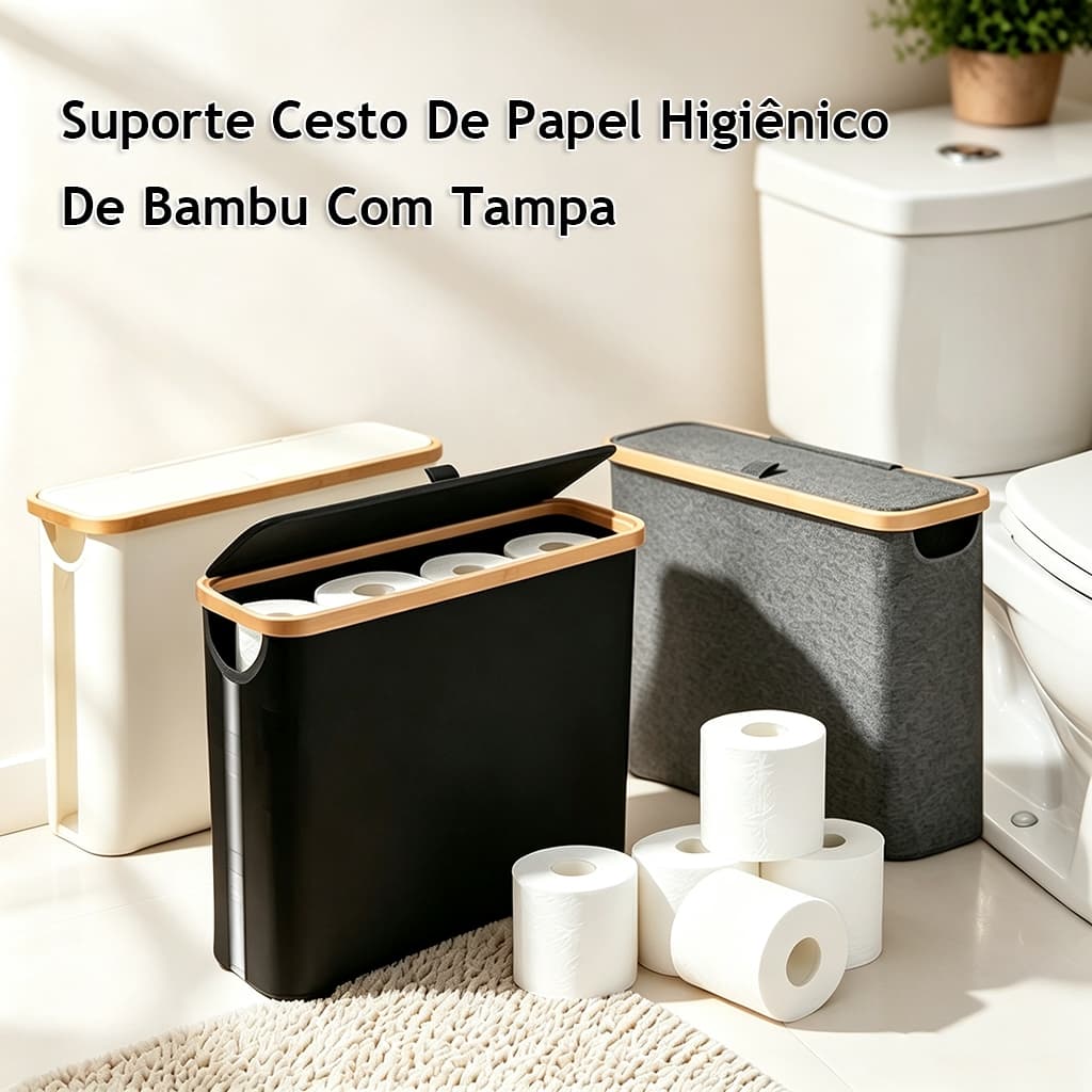 Suporte Cesto Organizador Dobrável de Bambu com Tampa e Visor para Banheiro Quarto Guarda Roupa