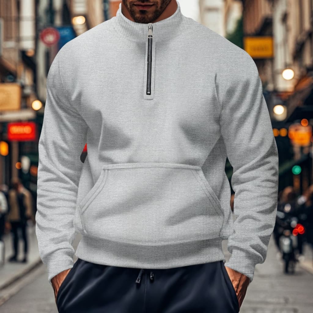 Masculino Waffle malha meio zíper gola alta moletom cor sólida Design não impresso frente canguru bolso com nervuras pun