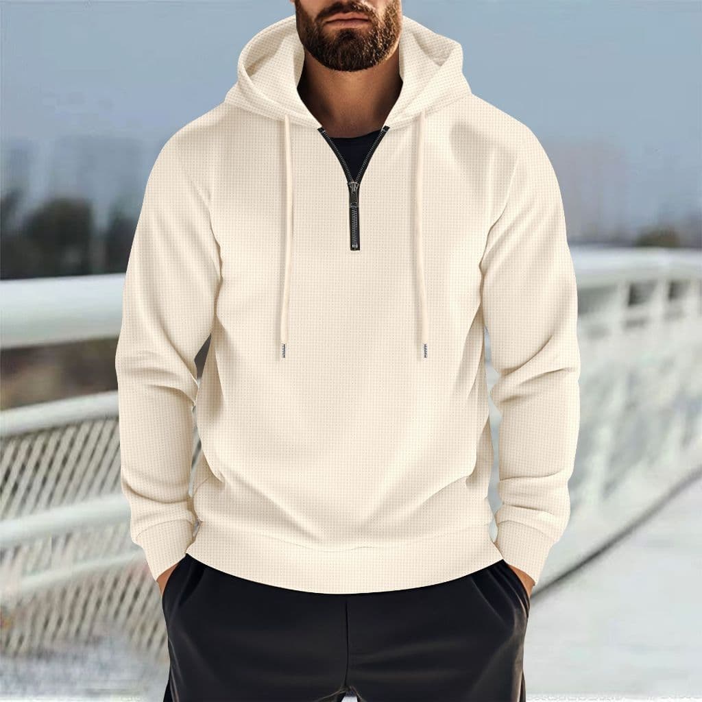 Masculino Waffle malha meio zíper moletom com capuz ajustável com capuz cordão punhos bainha punhos com nervuras cor sól