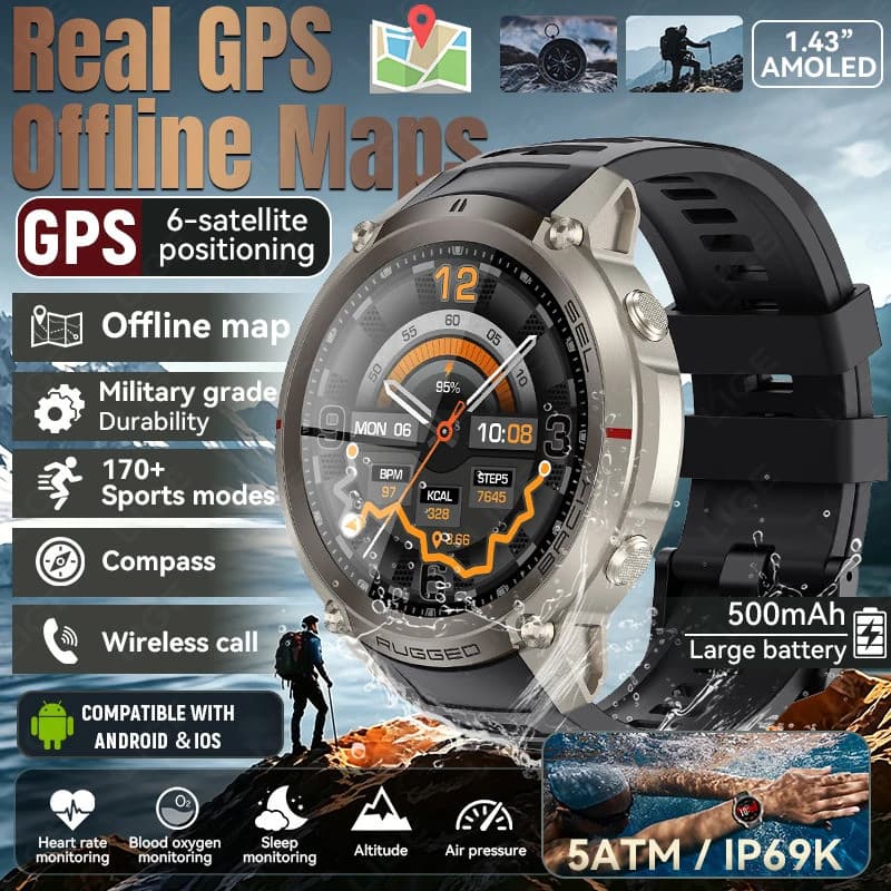 2026 Novos Relógios Inteligentes AMOLED Global 6 Satélite GPS Masculino Esportes Ao Ar Livre Mapa Offline Altímetro Búss