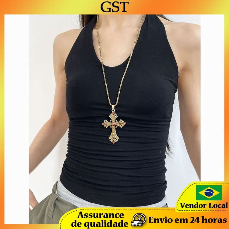 Retro diamante-cravejado camisola corrente ouro strass cruz colar feminino doce legal dupla camada longa clavícula corre