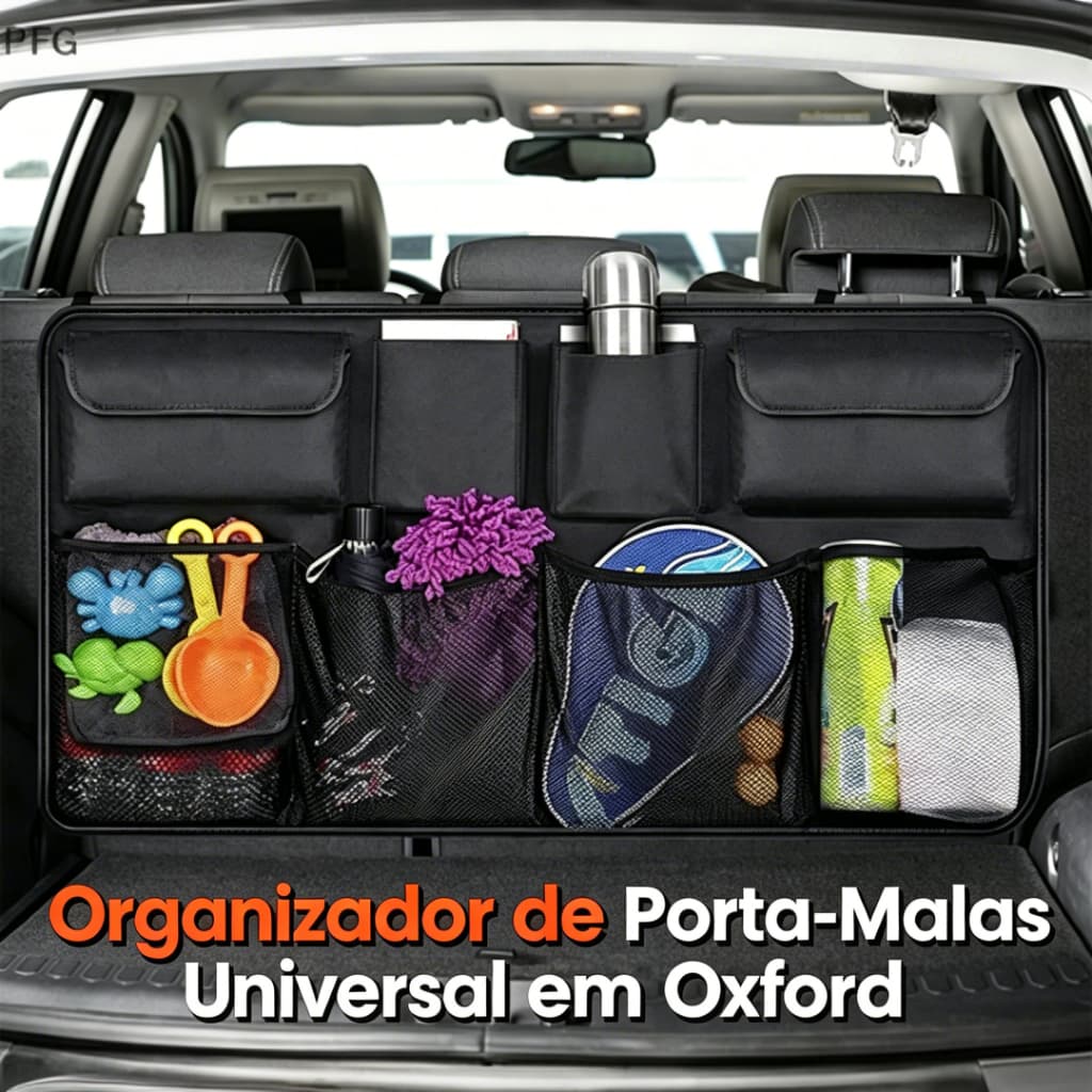 Organizador Porta-Malas Universal Carro Oxford Grande Capacidade Multiuso com Rede e Fixação Banco Traseiro