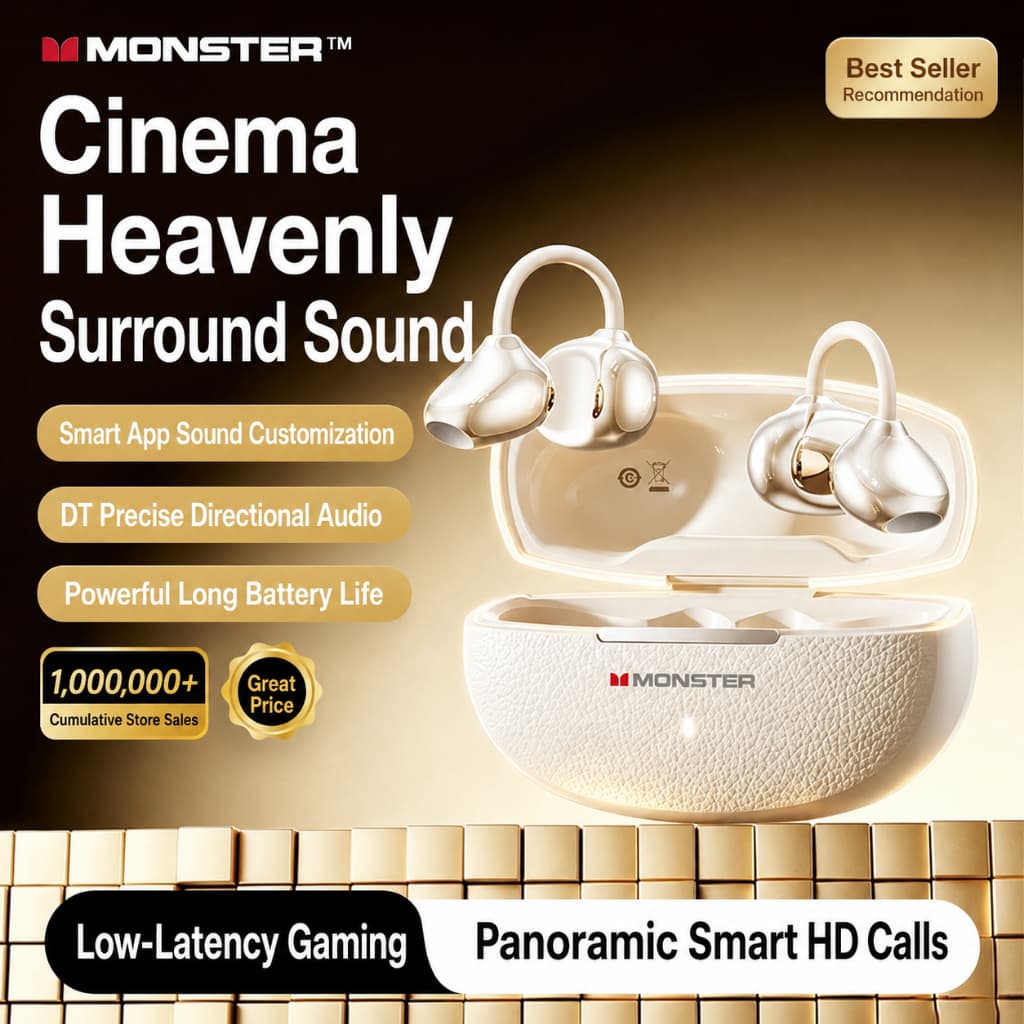 Fones De Ouvido Com Clipe De Orelha Aberta MONSTER Q13 Bluetooth 6.0 , Equalizador De Aplicativo Inteligente , Áudio LDA