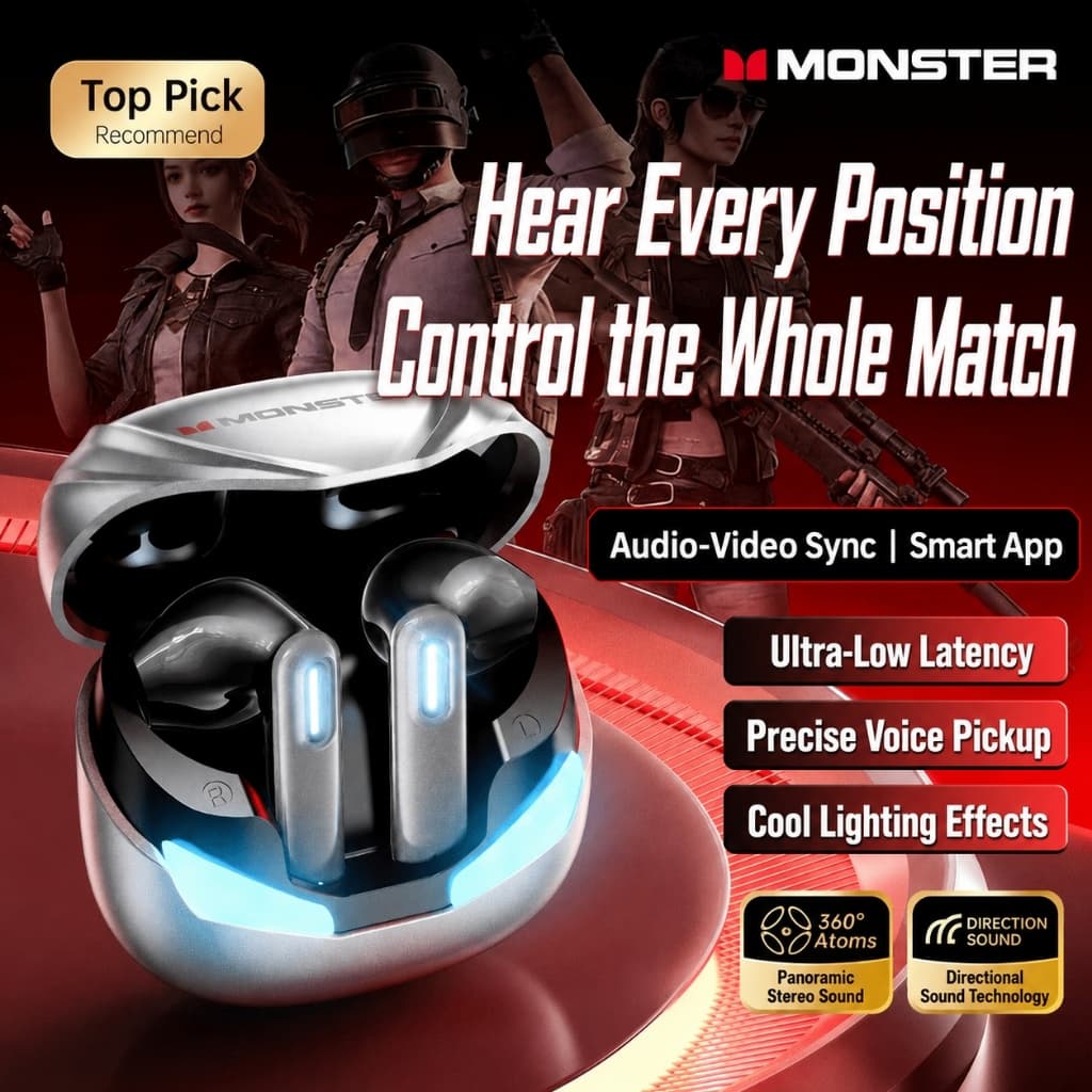 Fones De Ouvido Para Jogos MONSTER Airstar Q15 Bluetooth 6.0 , Equalizador De Aplicativo Inteligente , Latência Ultrabai