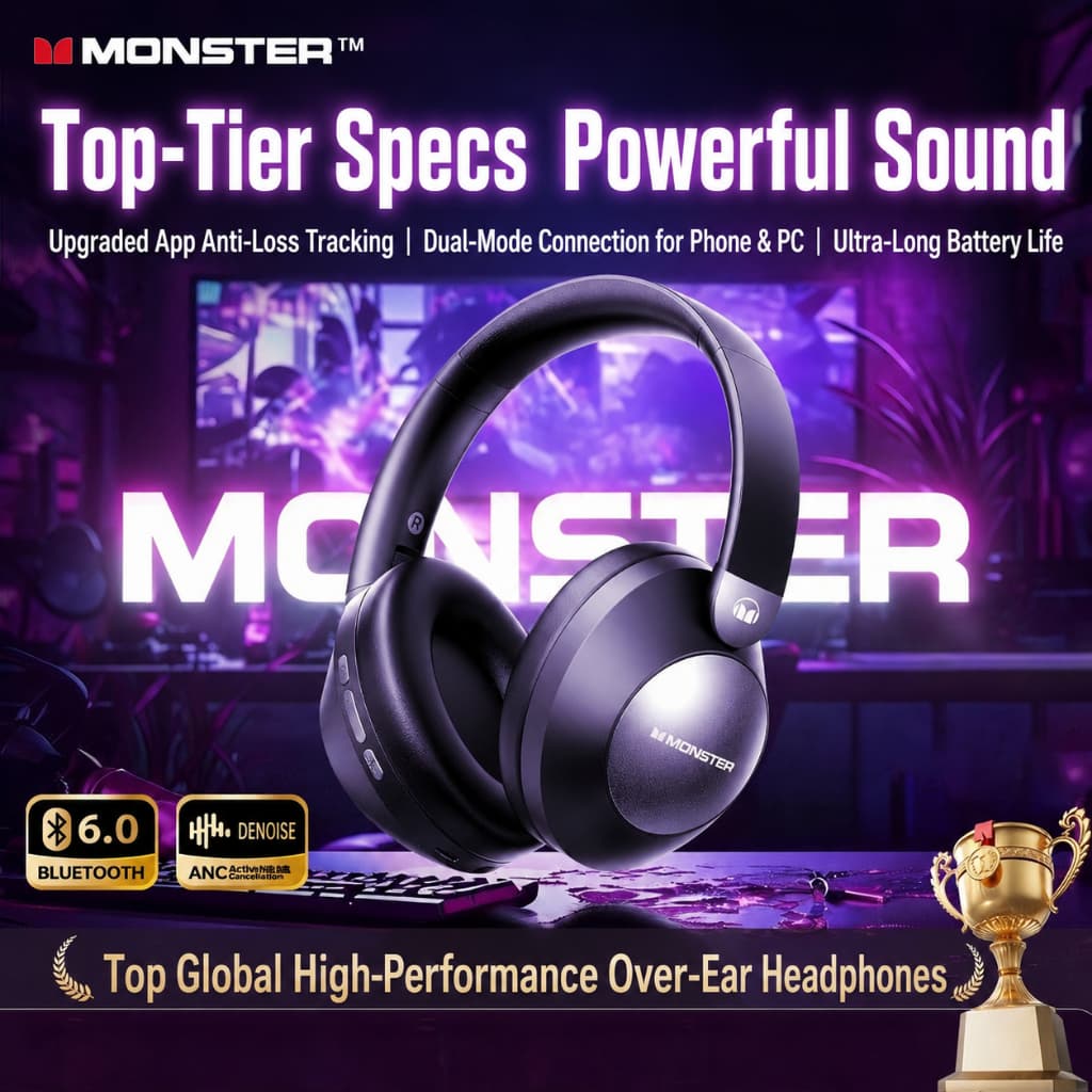 Monster Bluetooth 6.0 Fones De Ouvido Sem Fio Over-Ear ANC Com Cancelamento De Ruído Fone Para Jogos Driver De 40 Mm Con
