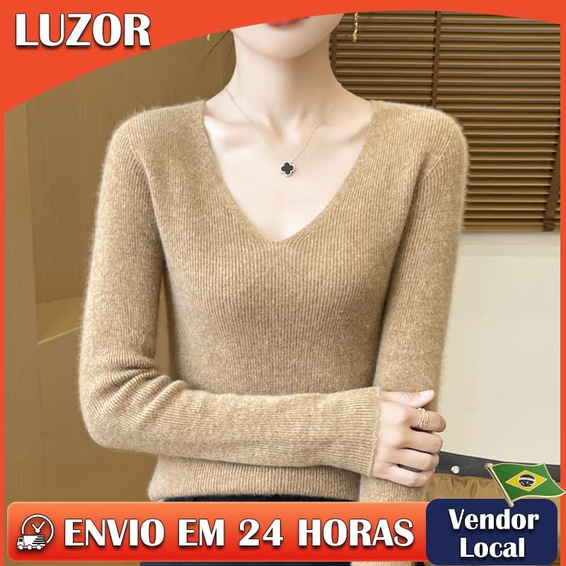 Senhoras malhas camisola feminina gola baixa com decote em V camisa de fundo feminino magro-ajuste