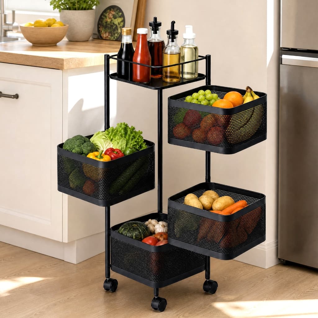 Organizador Giratório 4 Prateleiras Preto | Suporte Redondo para Frutas, Verduras e Temperos