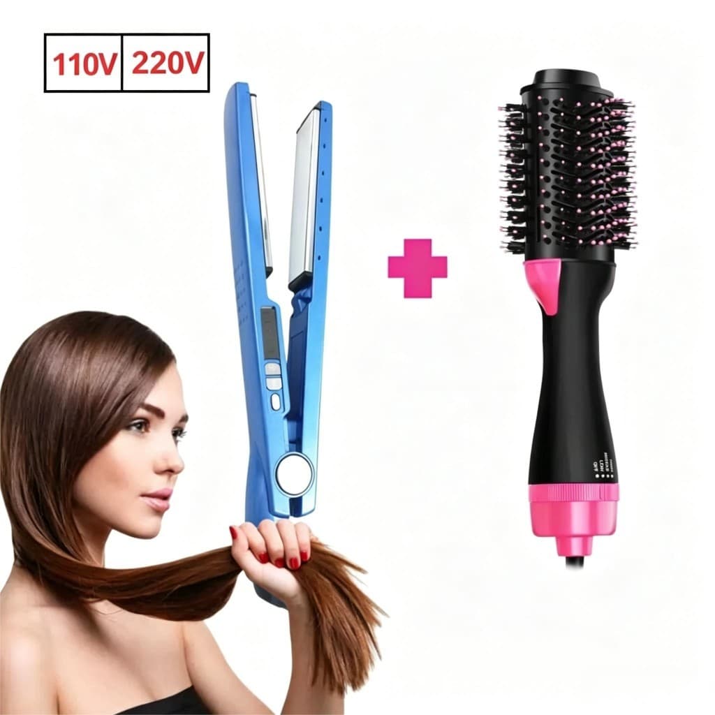 Ferro de ondulação dois em um + pente secador de cabelo de íon negativo 110/220V dupla tensão grau profissional